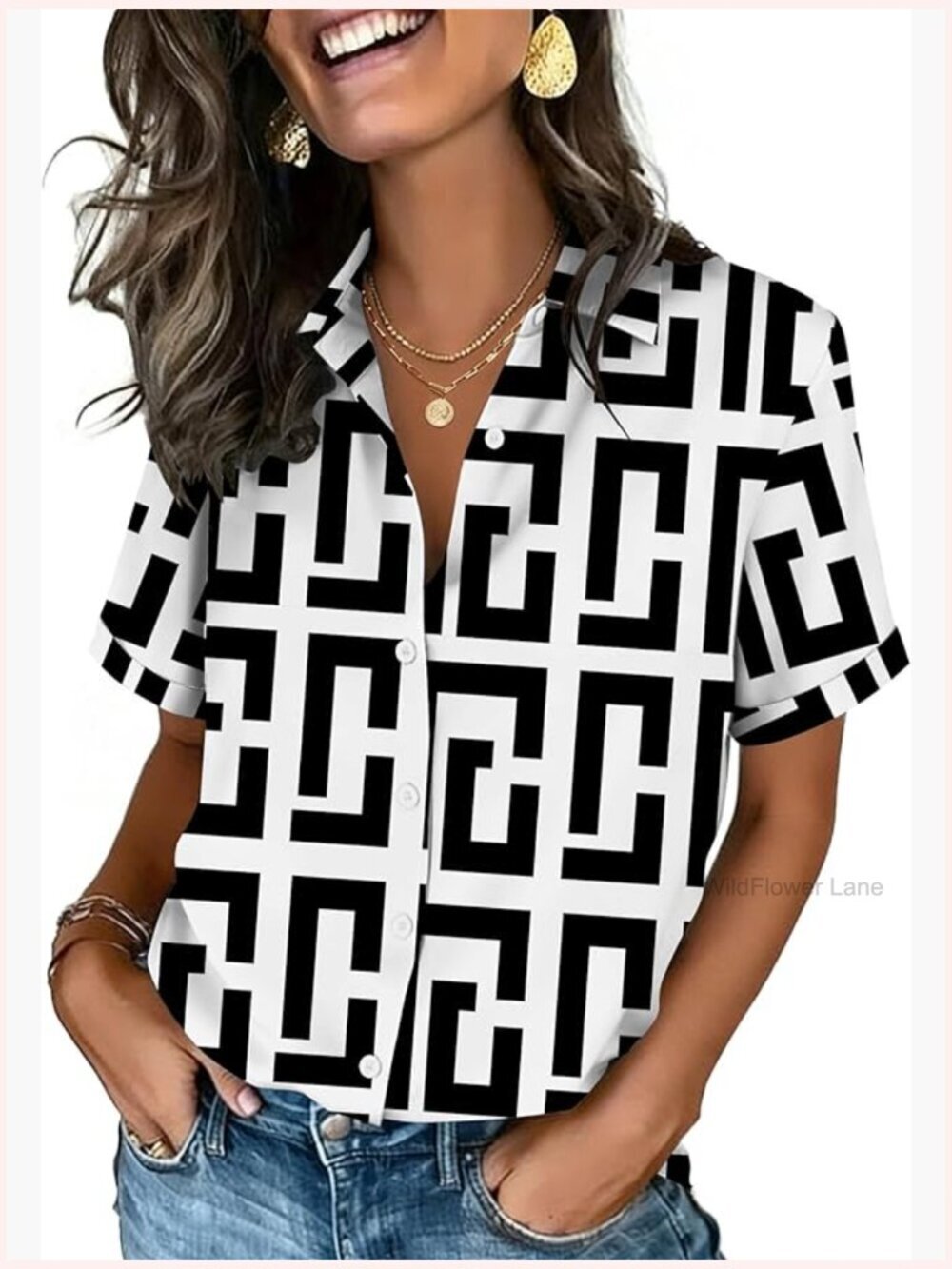 Short Sleeve Button Down V Neck Blouse Dressy Casual Crew Tee Wrk